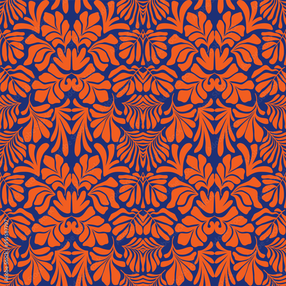 Orange blue abstract background with tropical palm leaves in Matisse style. Vector seamless pattern.