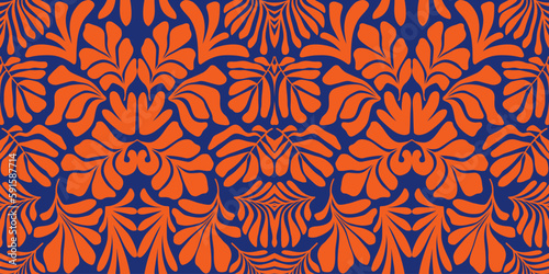 Orange blue abstract background with tropical palm leaves in Matisse style. Vector seamless pattern.