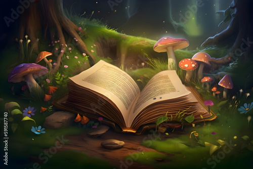 An open book with a magical world in a fairy forest, Generative AI 5