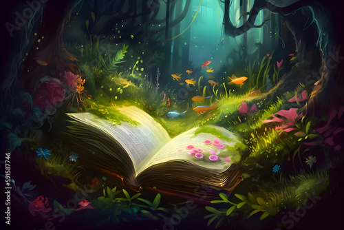 An open book with a magical world in a fairy forest, Generative AI 4