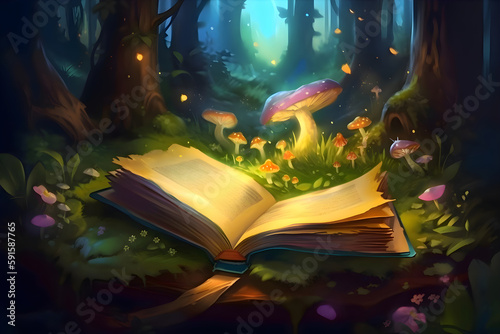 An open book with a magical world in a fairy forest, Generative AI