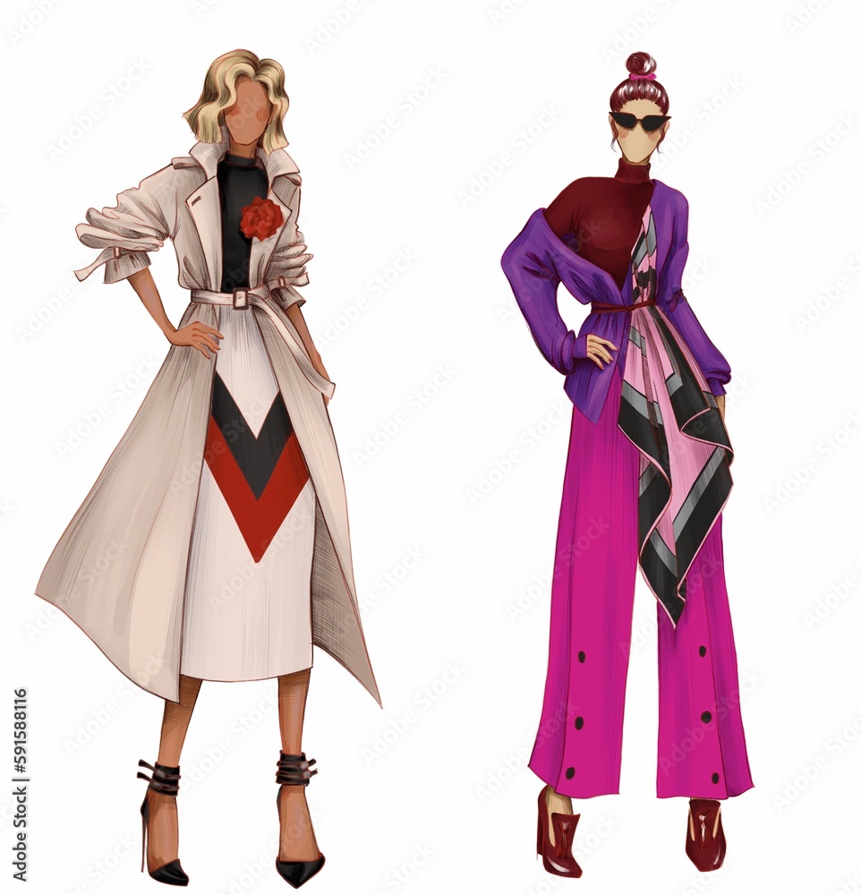 street style girls. women in trendy outfit. stylish clothes - beige coat, black shoes, high heels, purple trousers and violet sweater. isolated fashion illustration 