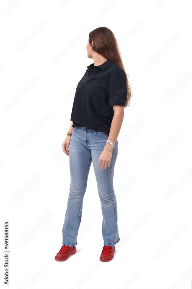 Fototapeta premium young girl turnend and look at the bottom on white background