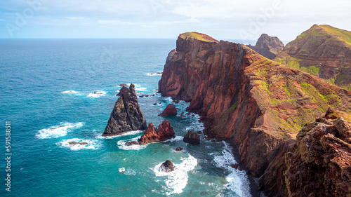 Beautiful coastline with rocks and the Atlantic at Miradouro de S  o Louren  o on Madeira in Portugal