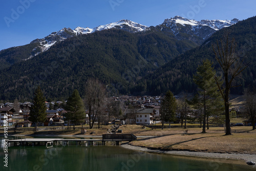 Kampl, Austria - March 16, 2023 - the Lake Kampler in an alpine valley Stubaital at the end of the winter season