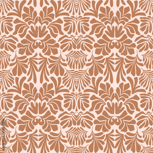 Fototapeta Naklejka Na Ścianę i Meble -  Brown beige abstract background with tropical palm leaves in Matisse style. Vector seamless pattern.