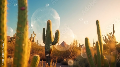 Concept of danger. Soap bubbles flying near the cactus on a dese, Generative Ai photo