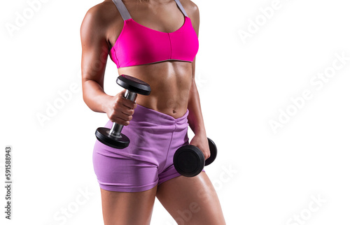Fit young woman exercising with weights. Strong muscles, core and arms. PNG file with transparent background. 
