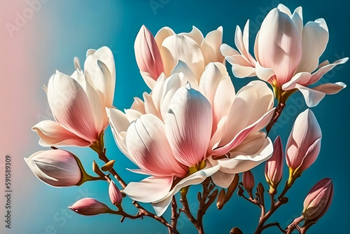 Beautiful delicate light pink magnolia on blue background in sunlight. Spring and summer  love and romance. Generative AI  illustration