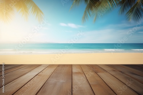 Product background for montage, empty wooden surface with blurred sea beach and palms on the background. generative ai.