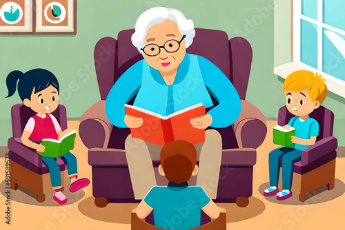 grandmother reads to grandchildren. made with generative AI. photo