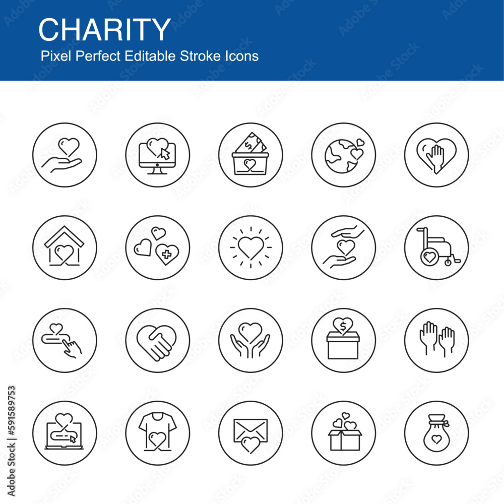 Charity Icon Set - Thin Line Vector Icons for Donations and Volunteering. Charity Icon Set - Thin Line Vector Icons for Donations and Volunteering.