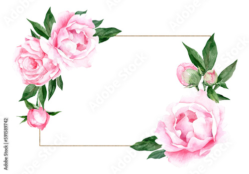 Watercolor frame with pink flowers and golden line. Hand drawn floral template for greeting cards or wedding invitations in pink colors. Rectangular vintage border on isolated background
