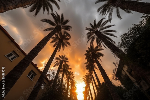 Palm tree silhouettes against sunset sky. Tropical background. Created with Generative AI