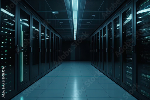 Big data center with server racks. Server room interior. Digital technology hardware. Created with Generative AI