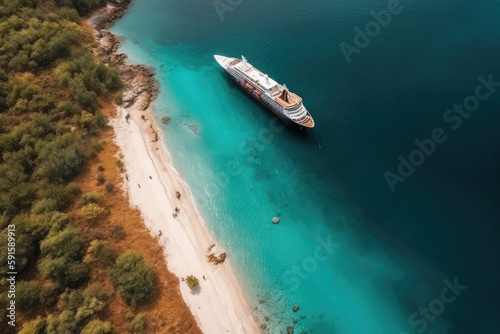 Large cruise ship in tropical landscape, aerial view. Tourism vacation and summer traveling. Luxury liner ship in the sea. Created with Generative AI
