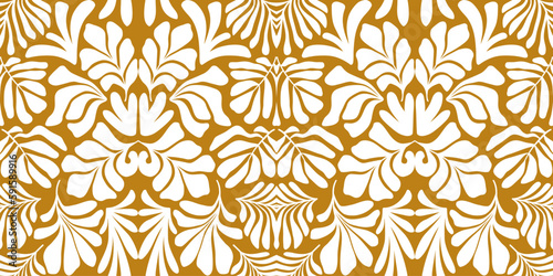 Gold abstract background with tropical palm leaves in Matisse style. Vector seamless pattern.