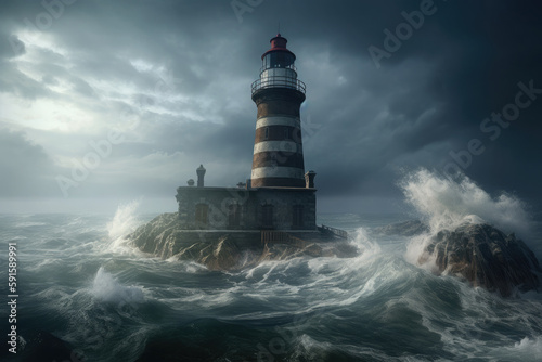 Sea landscape with stormy waves and lighthouse. Navigation for ships at sea. Created with Generative AI