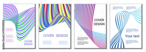 A set of 4 abstract covers. Wavy parallel gradient lines, ribbons evolve. Cover design, background. Trendy banner, poster.