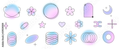 Y2k style gradient blurry shapes with linear shapes, blurred aesthetic or floral elements. Modern minimalist design element with blur gradients. EPS 10