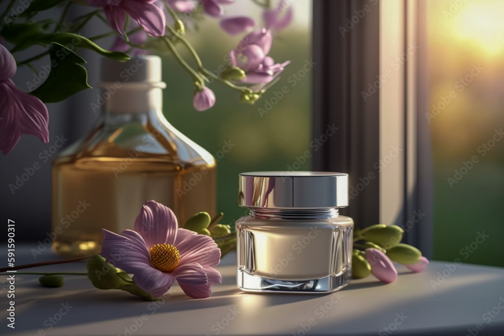 Beauty cosmetics for face and body care. 3d photo realistic background, generative ai illustration Beauty cosmetics for face and body care. 3d photo realistic background, generative ai illustration
