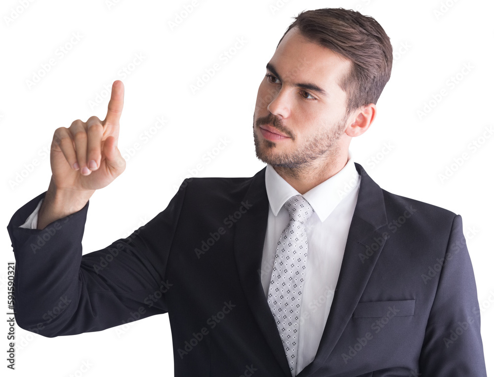 Thoughtful businessman pointing something with his finger Thoughtful businessman pointing something with his finger