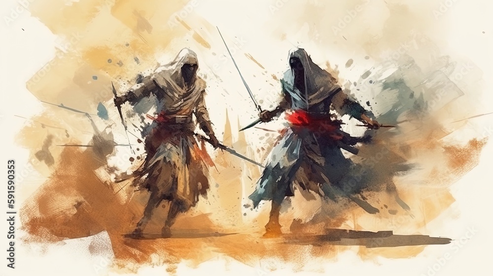 Fototapeta premium watercolor of medieval arabian knight and crusader in fight. generative ai image