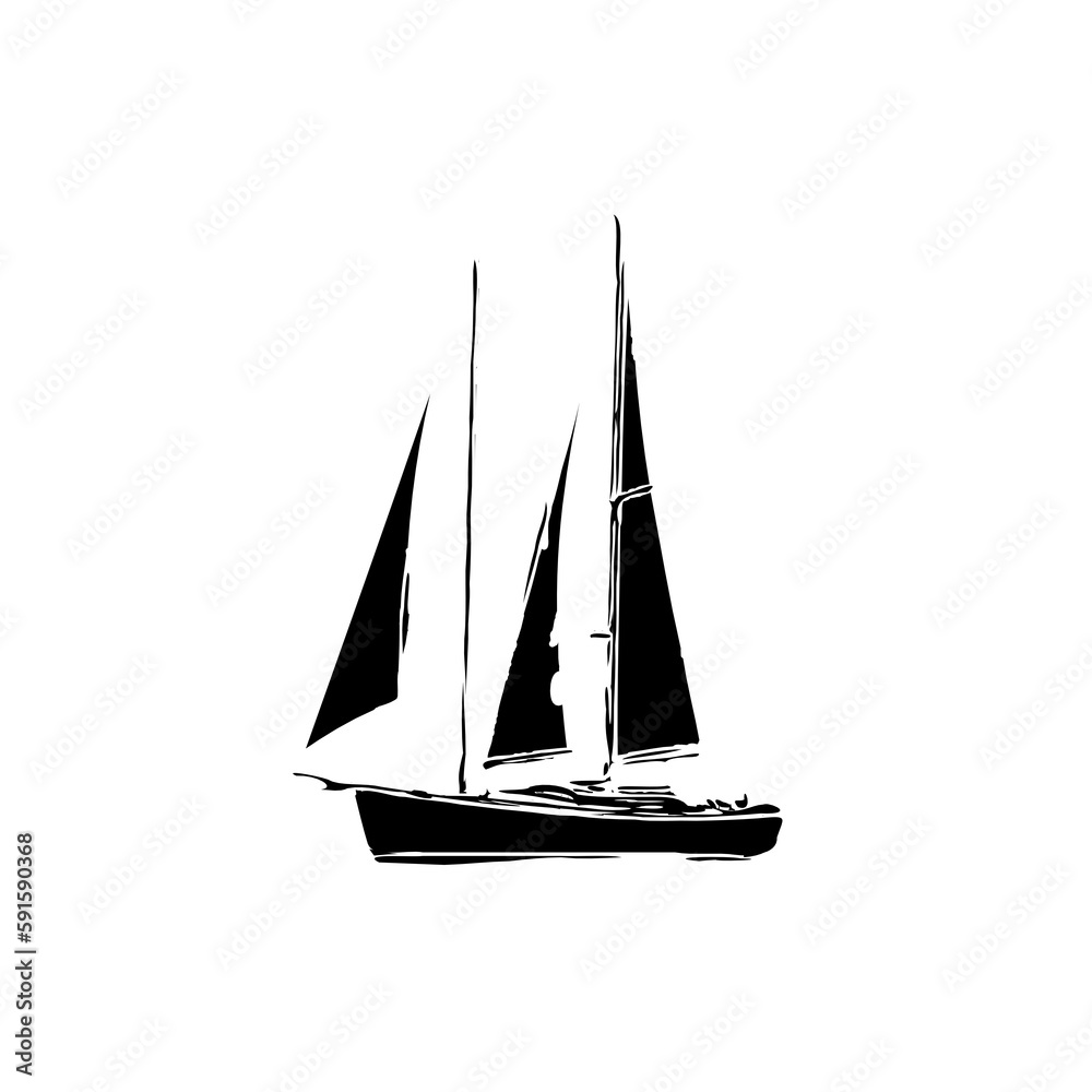 black and white sketch of a sailing ship with transparent background