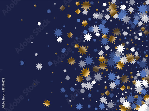 Magic Christmas star holiday scatter graphic design. Gold blue white shiny confetti. Banner © SunwArt