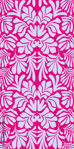Purple pink abstract background with tropical palm leaves in Matisse style. Vector seamless pattern.