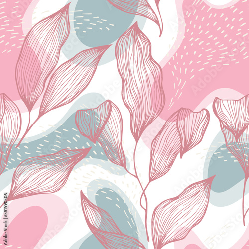 Sketch style doodle line texture leaves over stains and dots seamless vector pattern organic design.