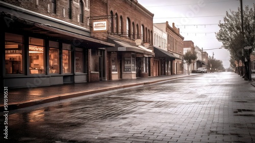 Empty main street in a small town, stores closed due to economic downturn, illustrating the impact of financial struggles on local communities and businesses, generative ai photo