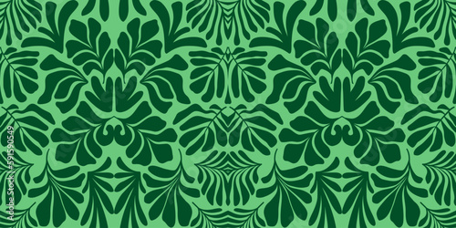 Green abstract background with tropical palm leaves in Matisse style. Vector seamless pattern.