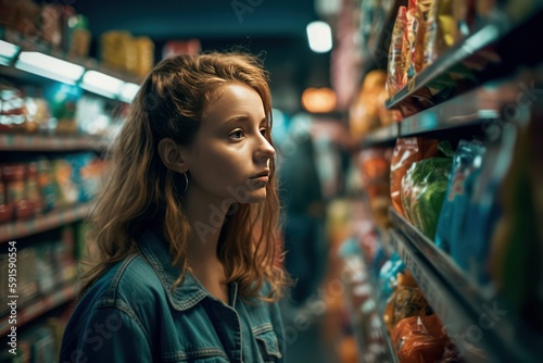 Young woman in a grocery store comparing prices, carefully evaluating her shopping choices to make informed decisions and stay within her budget, generative ai photo