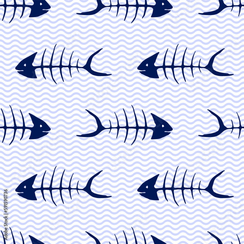 Carp fish skeleton seamless pattern vector illustration in white and blue colors.