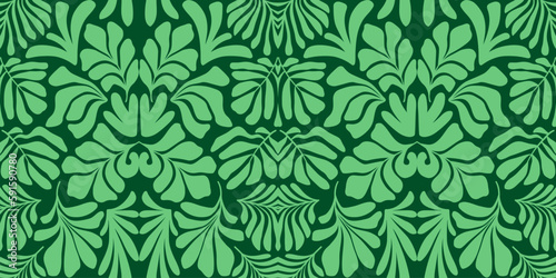 Green abstract background with tropical palm leaves in Matisse style. Vector seamless pattern.