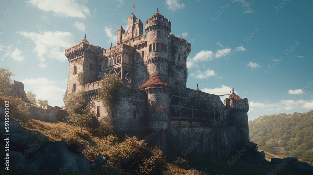 Fantasy medieval castle on a hill in the countryside. 3d generated. AI