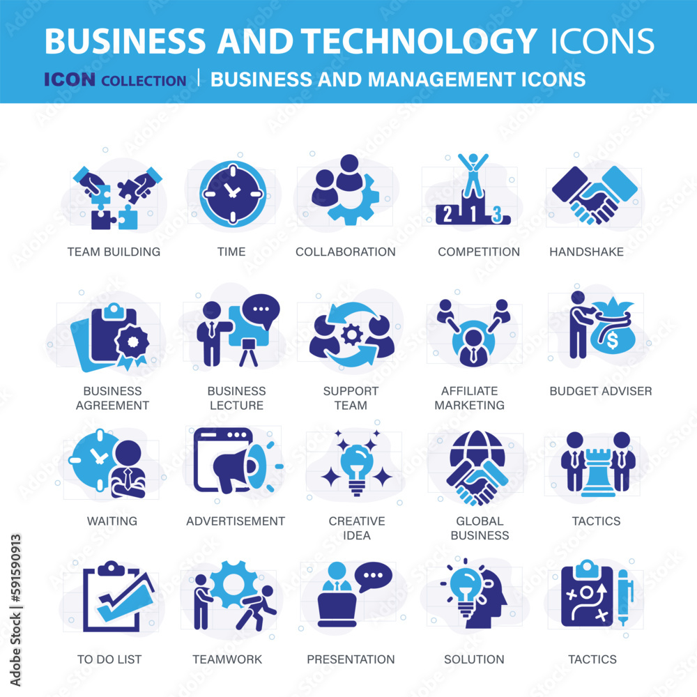 Business and management icon set. Icons for leadership, teamwork, job and work, statistics, analytics and advertising. Flat vector illustration. Blue icon for business collection Business and management icon set. Icons for leadership, teamwork, job and work, statistics, analytics and advertising. Flat vector illustration. Blue icon for business collection