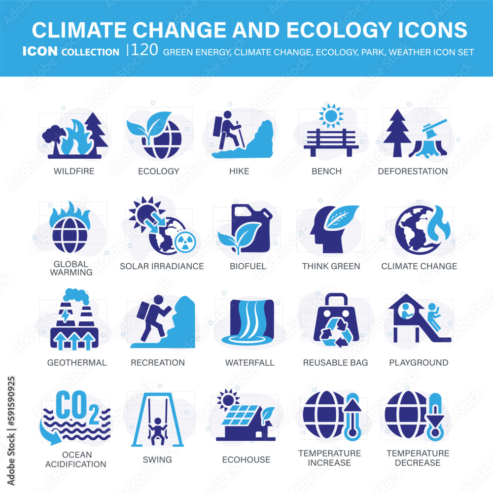 Climate change, ecology, green energy, park and weather icon set. Containing global warming, renewable energy, greenhouse, melting ice, earth pollution, outdoor activity. Flat vector illustration Climate change, ecology, green energy, park and weather icon set. Containing global warming, renewable energy, greenhouse, melting ice, earth pollution, outdoor activity. Flat vector illustration