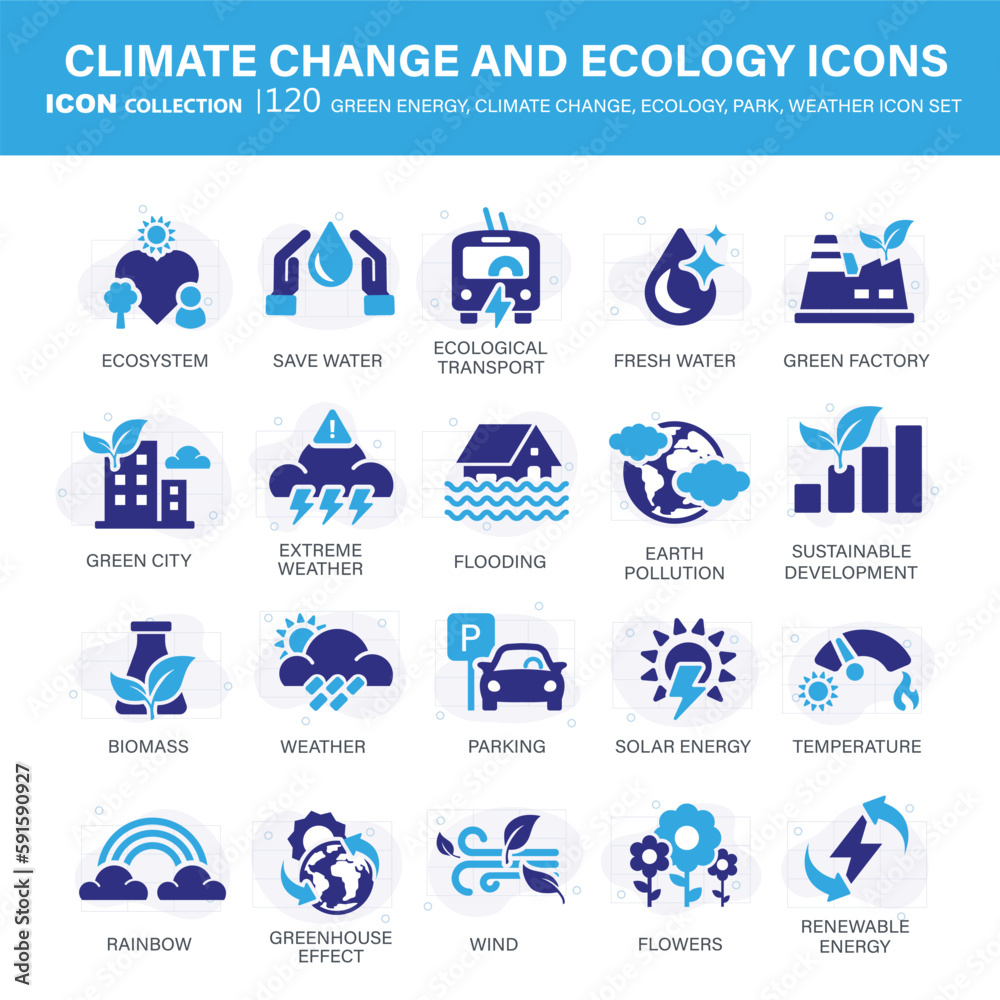 Climate change, ecology, green energy, park and weather icon set. Containing global warming, renewable energy, greenhouse, melting ice, earth pollution, outdoor activity. Flat vector illustration