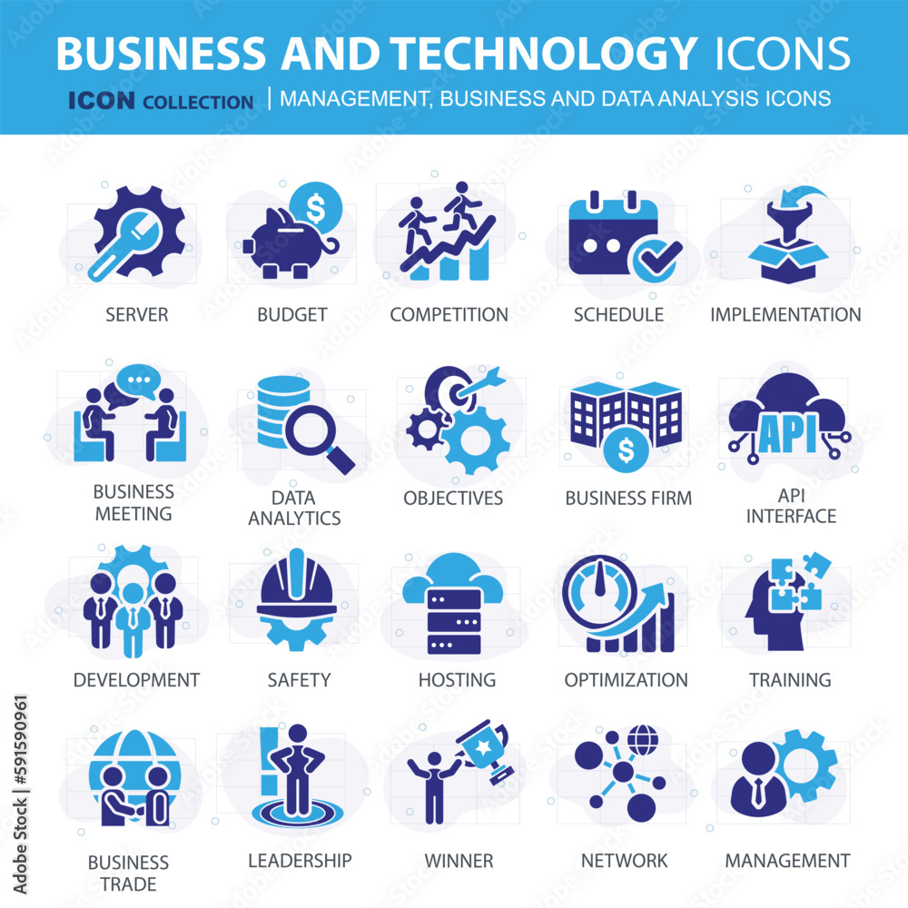 Business, data analysis, organization management and technology icon set. Teamwork, strategy, planning, marketing, cloud technology, data analysis, employee icon set. Icons vector collection