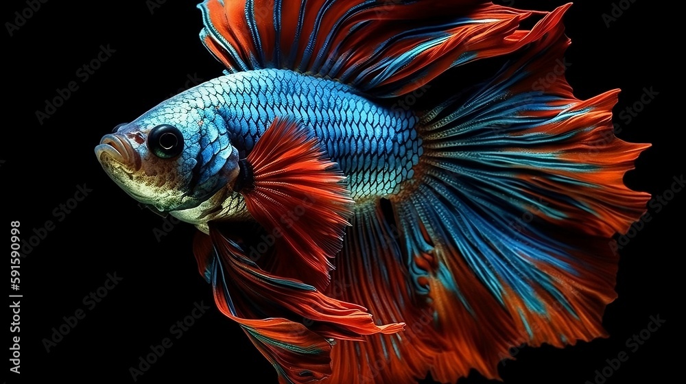 Fototapeta premium The Siamese fighting fish (Betta splendens), commonly known as the betta, is a freshwater fish, isolated on black background. Generative AI