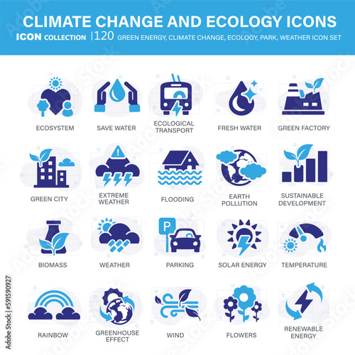 Climate change, ecology, green energy, park and weather icon set. Containing global warming, renewable energy, greenhouse, melting ice, earth pollution, outdoor activity. Flat vector illustration