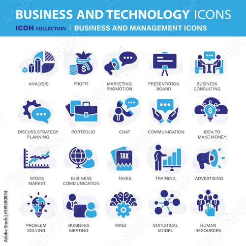 Business and management icon set. Icons for leadership, teamwork, job and work, statistics, analytics and advertising. Flat vector illustration. Blue icon for business collection	
