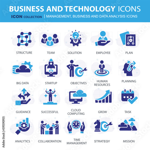 Business, data analysis, organization management and technology icon set. Teamwork, strategy, planning, marketing, cloud technology, data analysis, employee icon set. Icons vector collection