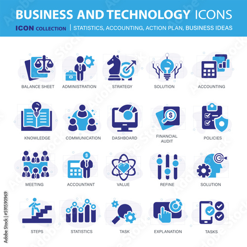 Icons collection for business and management. Concept icons for statistics, accounting, action plan and business ideas. Flat vector illustration 