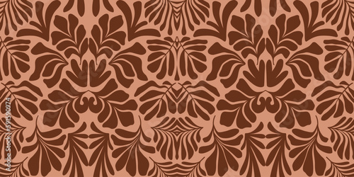 Brown abstract background with tropical palm leaves in Matisse style. Vector seamless pattern.