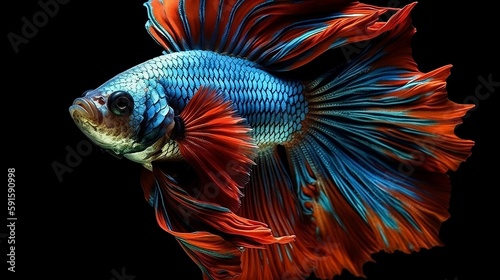 The Siamese fighting fish (Betta splendens), commonly known as the betta, is a freshwater fish, isolated on black background. Generative AI