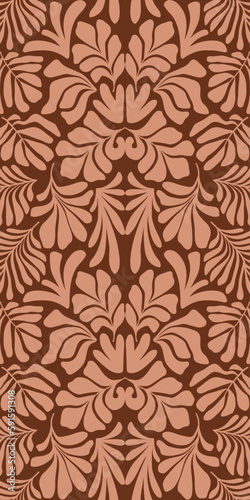 Brown abstract background with tropical palm leaves in Matisse style. Vector seamless pattern.