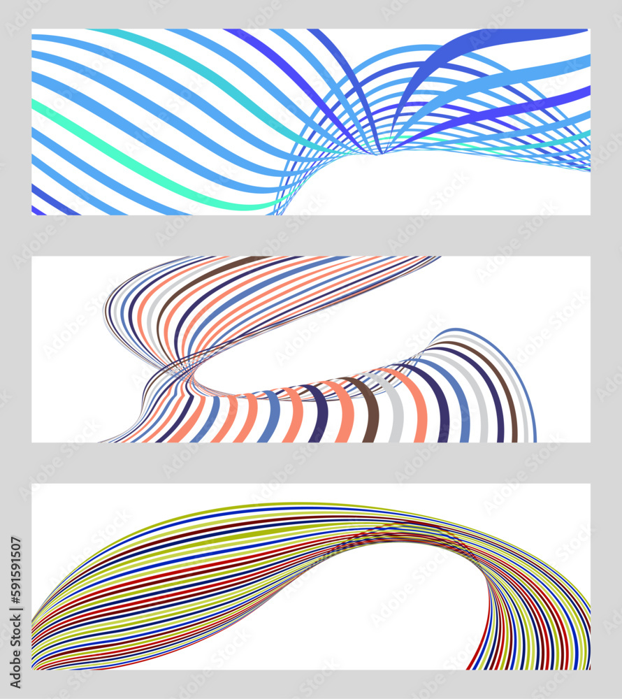 Wavy lines or ribbons. Set of 3 backgrounds. Multicolored striped gradient. Creative unusual background with abstract gradient wave lines to create a trendy banner, poster. vector eps Wavy lines or ribbons. Set of 3 backgrounds. Multicolored striped gradient. Creative unusual background with abstract gradient wave lines to create a trendy banner, poster. vector eps